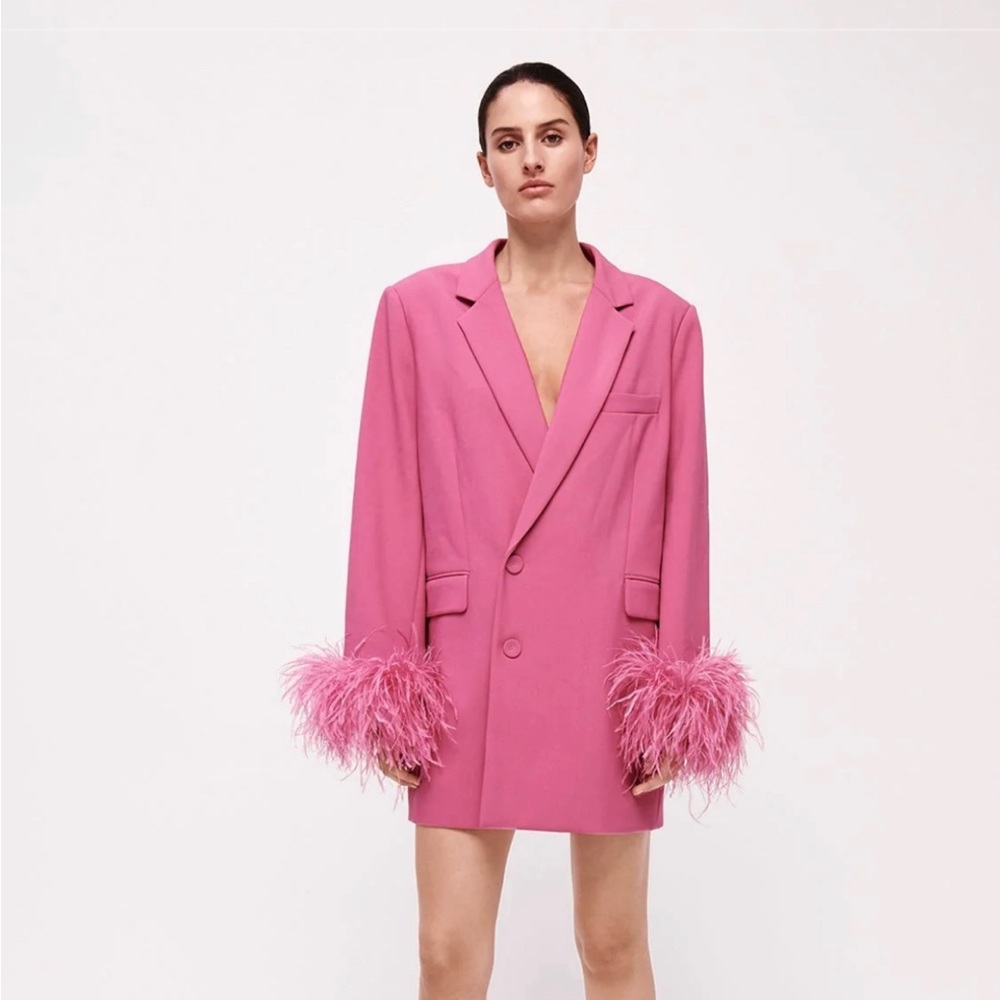 Rachel Gilbert
Lincoln Feather-Cuffs Double-Breasted Mini Blazer Dress